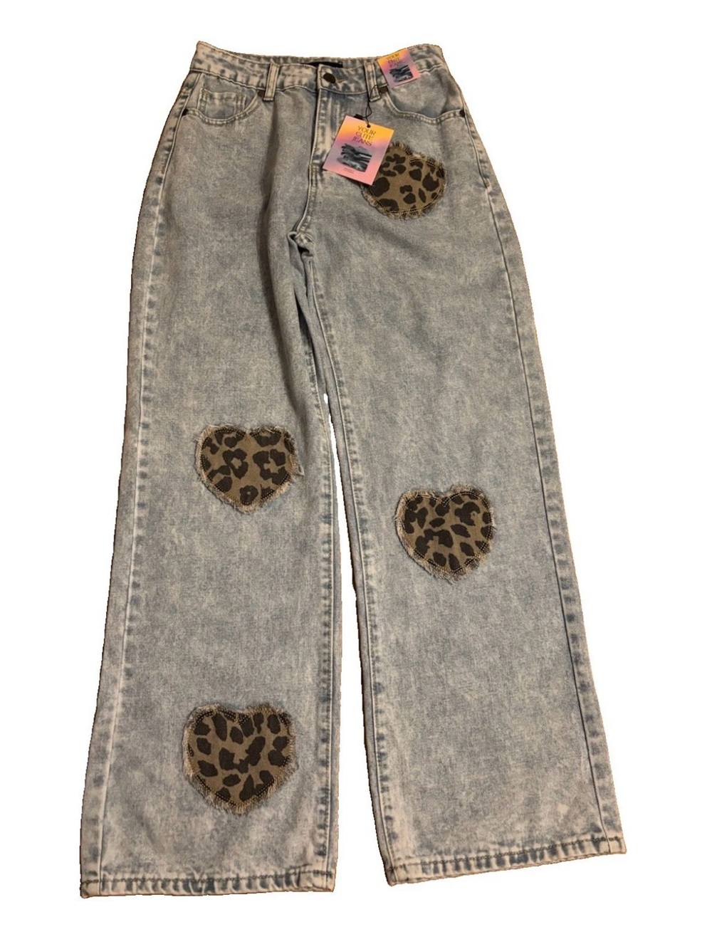 Your Cute Jeans Women’s Acid Wash Wide Leg Jeans W/Leopard Heart Patches Size 7
